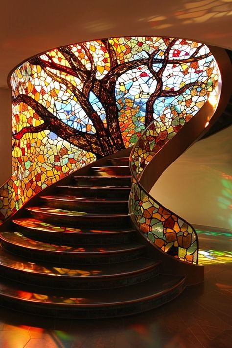 Stained Glass Houses, Staircase Painting, Stained Glass Tree, Staircase Ideas, Bring Nature Indoors, Magical Home, Stained Glass Decor, Glass Tree, Kinetic Art