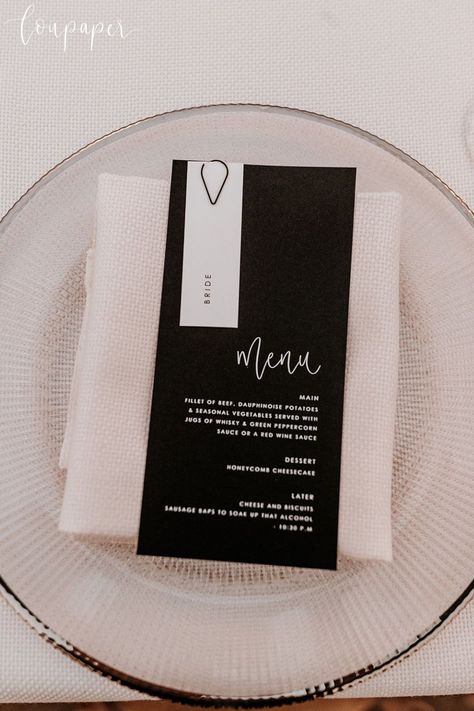 Menu Card Wedding Place Settings, Wedding Menu Name Cards, Menu And Name Card Wedding, Black And White Place Setting Wedding, Black Cutlery Wedding, Menu Design Ideas Wedding, Black And White Wedding Stationery, Black Wedding Signage, Wedding Menu Cards Place Settings