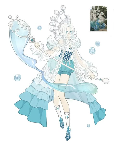 Water Fairy Character Design, Geode Character Design, Water Outfits Drawing, Cloud Dress Drawing, Coral Character Design, Seacore Outfit, Water Hero Costume Design, Water Spirit Character Design, Water Outfit Ideas