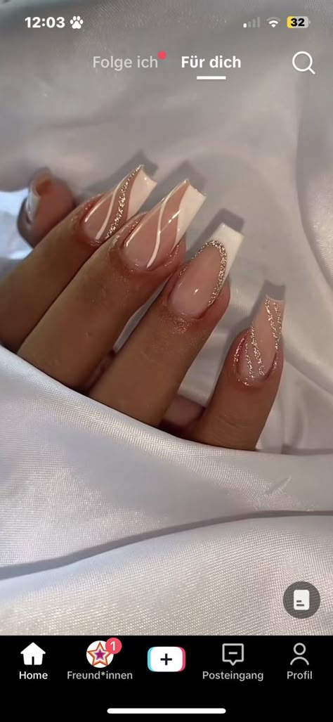 Simple But Classy Nails, Nail Designs Bridesmaid, Summer Nail White, Trendy Nails Square Long, Nail Designs Gold And White, Basic White Nails With Design, White And Gold Nail Designs Simple, Abroad Nails, Birthday Nails White And Silver