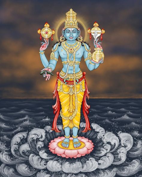 Lord Dhanvantari, God of Ayurveda Drdha Vrata Gorrick wrote : Dhanvantari in colour Say hello to the new and improved... Lord Dhanvantari, Hindu Cosmos, Mysore Painting, Kerala Mural Painting, Indian Art Gallery, Temple Art, Lord Vishnu Wallpapers, Hinduism Art, Vedic Art