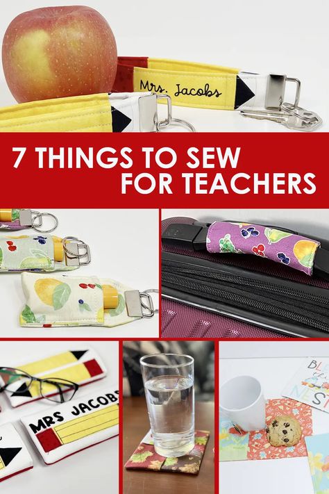 Looking for Teacher Appreciation Gift Ideas - here's a roundup of 7 things to sew for teachers with fabric scraps you have at home. Whether you're a crafting enthusiast or a beginner with a passion for DIY gifts, this roundup is tailored just for you. Join us as we explore seven thoughtful and practical sewing projects. Teacher Appreciation Gifts Sewing, Sewing Teacher Gifts Ideas, Gifts To Sew For Teachers, Sewn Teacher Gifts, Teacher Sewing Gifts, Sewing Gifts For Teachers, Sewing Teacher Gifts, Tracher Gifts, Diy Gift For Teacher