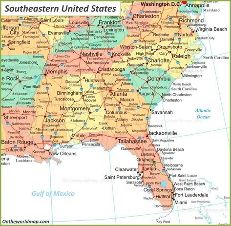 Map Of Southeastern U.S. Us Map With Cities, Southern Road Trips, Highway Map, Weather Projects, Road Trip Map, Canada Map, Pictorial Maps, Colorado Adventures, National Parks Map