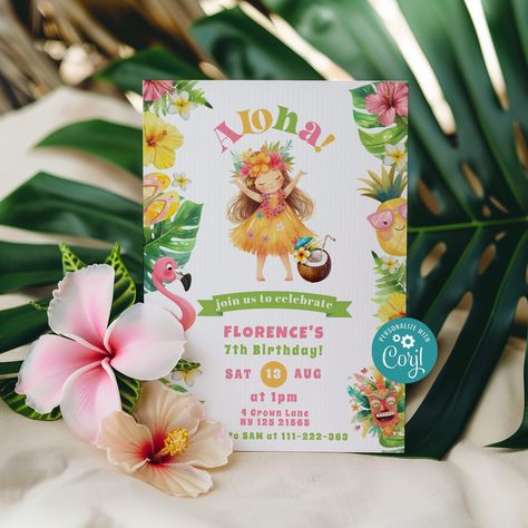 Aloha birthday invitation. Luau birthday invitation. Tropical luau birthday invite Corjl template #al1 Hawaiian Luau Birthday Party, Aloha Birthday, Luau Birthday Invitations, Tropical Birthday Party, Baby Shower Invitation Ideas, Luau Birthday Party, Birthday Party Design, Tropical Birthday, Luau Birthday