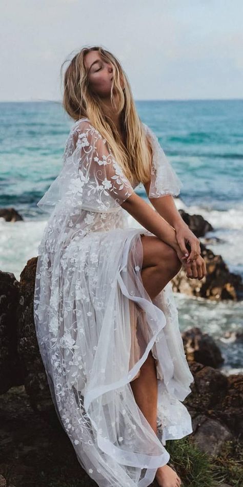 15 Hawaiian Wedding Dresses For Your Love Story ❤ hawaiian wedding dresses a line floral appliques beach nathan lapham ❤ #weddingdresses #weddingoutfit #bridaloutfit #weddinggown Hawaiian Wedding Dresses, Beach Dress Photoshoot, Hawaiian Wedding Dress, Anna Campbell Bridal, Boho Photoshoot, Anna Campbell, Wedding Dress Guide, Dress Guide, Stunning Wedding Dresses