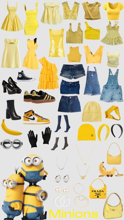 Minion Outfit, Fun Halloween Outfits, Minion Halloween, Minion Costumes, Cute Group Halloween Costumes, Matching Halloween Costumes, Classy Halloween Costumes, Trio Halloween Costumes, Best Friend Halloween Costumes