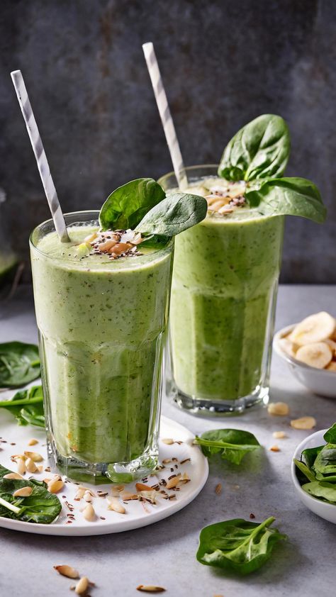 Embark on a refreshing journey with a Spinach Smoothie, a vibrant and nutritious blend that perfectly balances health with taste. This green smoothie combines the mild, earthy flavor of spinach with the natural sweetness of fruits, creating a deliciously smooth drink packed with vitamins, minerals, and antioxidants. Ideal for breakfast, a post-workout snack, or a healthy midday boost Smoothie Morning, Breakfast Smoothie With Spinach, Smoothie Photo, Smoothie Photography, Smoothie With Spinach And Fruit, Tasty Spinach Smoothie, Smoothie Green Aesthetic, Green Smoothie Aesthetic Picture, Green Breakfast Smoothie