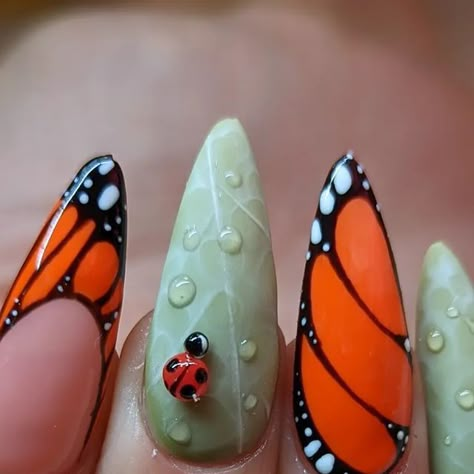 Stilleto Designs Nails, Zoo Nails Animals, Miraculous Ladybug Acrylic Nails, 3d Ladybug Nail Art, Mothman Nail Art, Fun Short Almond Nails, Gummy Worm Nails, 3d Bug Nails, Insect Nail Art