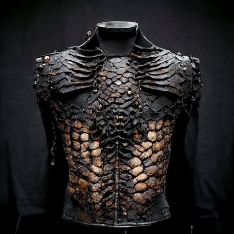 a torso armor, made of snake leather and scales, slightly intricated with small bones parts, traces of obsidian Leather Dragon Scale Armor, Snake Armor, Torso Armor, Bone Armor, Dragon Scale Armor, Scale Armor, Violet Sorrengail, Snake Scales, Insect Wings