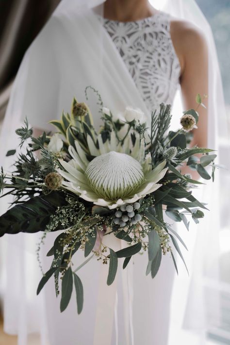 White King Protea Bouquet, Edelweiss Bouquet Wedding, White Protea Bouquet Wedding, Native Wedding Bouquet, White Protea Wedding, Proteas Bouquet, Protea Bouquet Wedding, White King Protea, King Protea Bouquet