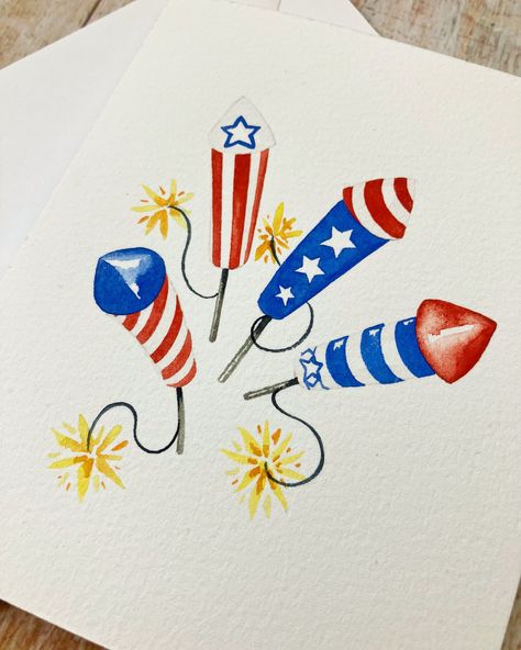 Paint an independence day card woth this easy watercolour tutorial. Paint watercolor firecrackers in 4th of July colours! Click the link to watch. Fourth Of July Painting, 4th Of July Cards Ideas, 4th Of July Watercolor Paintings, Independence Day Water Colour Drawing, 4th Of July Watercolor, Fourth Of July Watercolor Painting, Veterans Day Watercolor, Patriotic Watercolor Art, Patriotic Watercolor Paintings