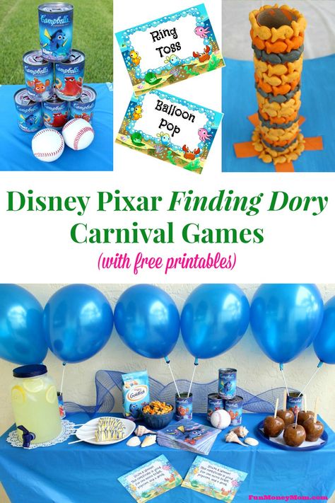 The kids will have a blast when you throw this ultimate backyard carnival with Disney Pixar's Finding Dory Carnival Games! #FindingDelicious #ad Finding Nemo Activities, Finding Nemo Party Games, Finding Dory Diy Decorations, Disney Movie Night Menu Finding Nemo, Finding Nemo One Year Old Birthday, Finding Nemo Games, Finding Dory Birthday Party, Finding Dory Party, Dory Birthday Party