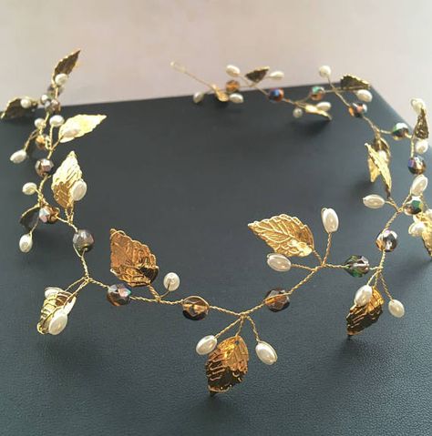 Gold hair vine gold bridal headpiece pearl hair headband Copper Gold Hair, Bride Hairpiece, Rose Gold Bridal Headpiece, Leaf Tiara, Pearl Headband Wedding, Gold Hair Piece, Bridal Hair Wreath, Tiara Gold, Pearl Bridal Headpiece