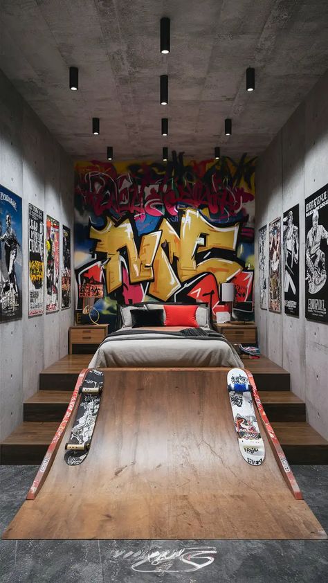 20 Skater Room Ideas for the Ultimate Skateboarder Haven - Roomrhythm Skater Room Ideas, Skateboard Bedroom, Skater Room, Skateboard Display, Rhythm Design, Skateboard Room, Skateboard Decor, Skate Aesthetic, Skateboard Art Design