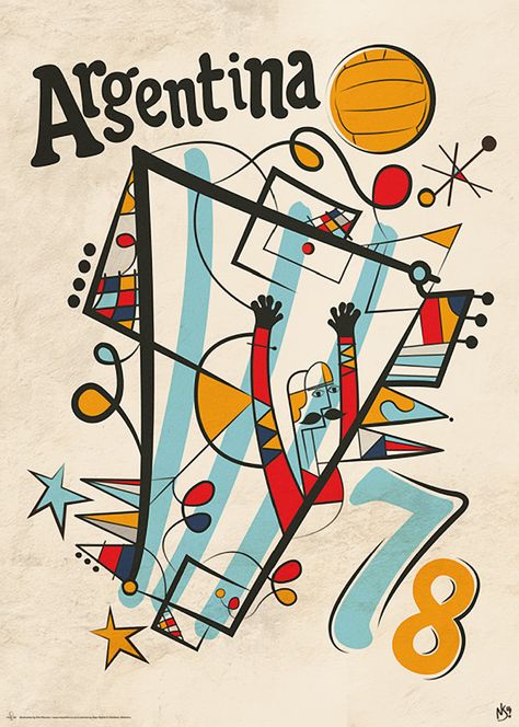 Argentina 78 World Cup Design Illustrations, Vintage World Cup Poster, Argentina Graphic Design, World Cup Design, Football Argentina, World Cup Poster, Argentina Soccer, Soccer Art, Soccer Poster