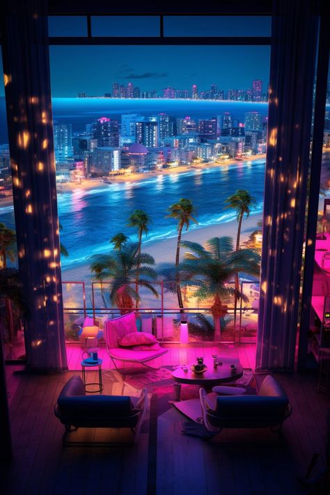 Cyberpunk Waterfront Living with a View Cyberpunk Beach, Beach House Balcony, City Balcony, Nightlife Club, House Balcony, City Pop, Cyberpunk City, Conceptual Illustration, Cyberpunk Style