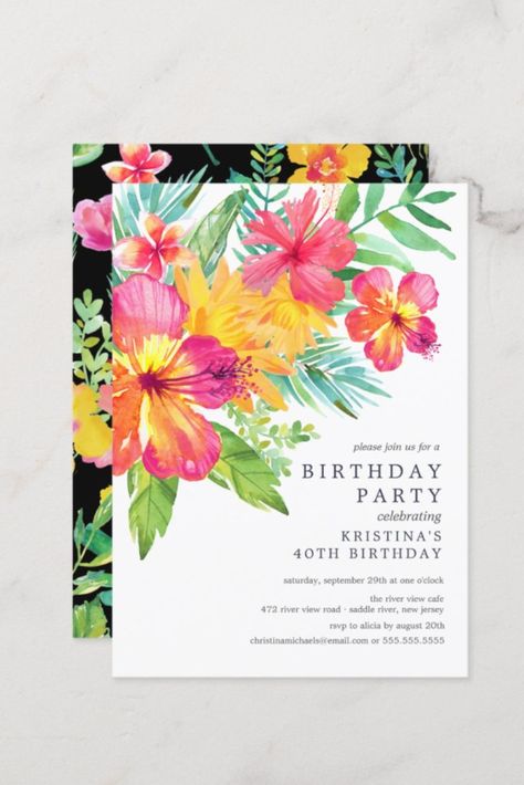 Watercolor Hibiscus Floral Tropical Birthday Party Invitation #birthday #happybirthday #birthdaycards #birthdayparty #firstbirthday #tropical #summer #floral #Hibiscus #hawaii Hibiscus Hawaii, Hawaii Themed Party, Tropical Birthday Party, Floral Birthday Invitations, Invite Ideas, Tropical Birthday, Theme Birthday Party, Tropical Summer, Tropical Theme