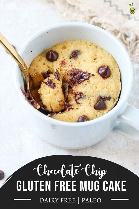 This Gluten Free Mug Cake is a delicious single serving dessert. It is moist, ooey, gooey, and chocolately! Grain free, dairy free, refined sugar free. #glutenfreedessert #mugcake #glutenfreemugcake #paleodesserts #paleo #grainfree #dairyfree #glutenfree Mug Cookie Recipes, Chocolate Chip Mug Cookie, Gluten Free Mug Cake, Mug Cookie, Chocolate Chip Mug Cake, Chip Mug, Gf Food, Mug Cake Microwave, Gluten Free Chocolate Chip Cookies