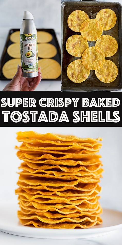 Making Tostada Shells In Oven, Recipes Using Tostadas, Homemade Tostadas Corn Tortillas, Tostada Topping Ideas, How To Bake Taco Shells In The Oven Corn Tortillas, Tostada Shells In Air Fryer, Oven Baked Tostadas, Homemade Crunchy Taco Shells, How To Make Tostadas In The Oven