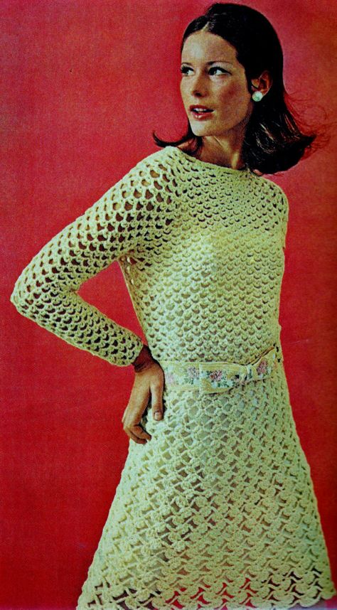 Yarn Weight Chart, 70s Crochet, Vintage Crochet Dresses, Crocheted Dress, Irish Crochet Patterns, Vintage Needlework, Buena Park, 70s Inspired Fashion, Vintage Crochet Pattern