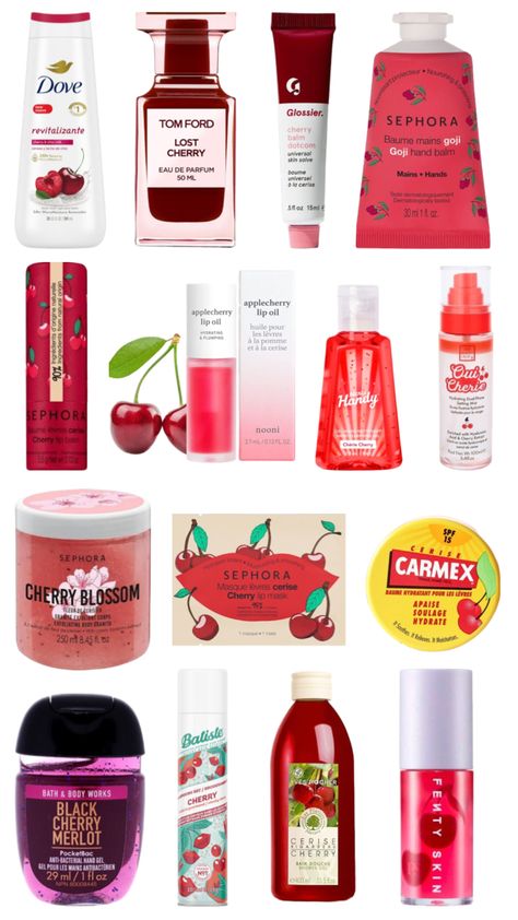 #cherry #aestheticboard #aesthetic #cherryskincare #skincareaesthetic #skincarecherry #beauty #red #redcherry #redcollage #skincare Cherry Products Aesthetic, Cherry Scented Products, Cherry Skincare, Cheery Aesthetic, Red Skincare, Skincare Shuffles, Cherry Perfume, Cherry Products, Shower Tips