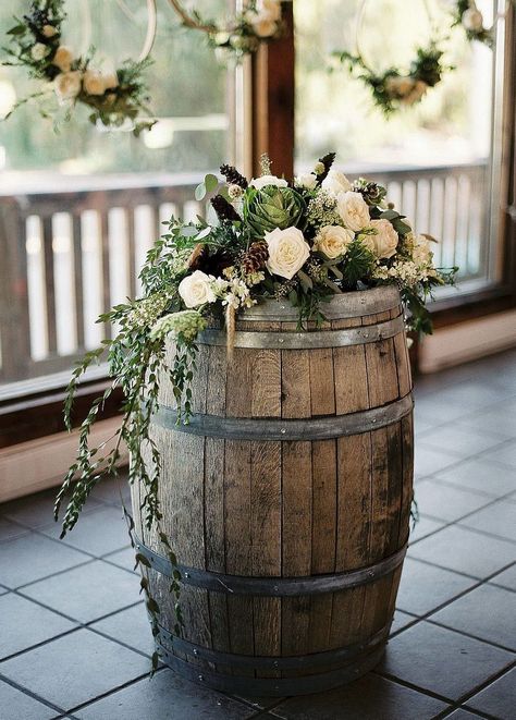 Wine Barrel Wedding Flowers, Wedding Barrel, Wine Barrel Wedding Decor, Barrel Wedding Decor, Flowers In Bottles, Wine Barrel Wedding, Barrel Flowers, Barrel Wedding, Barrel Ideas