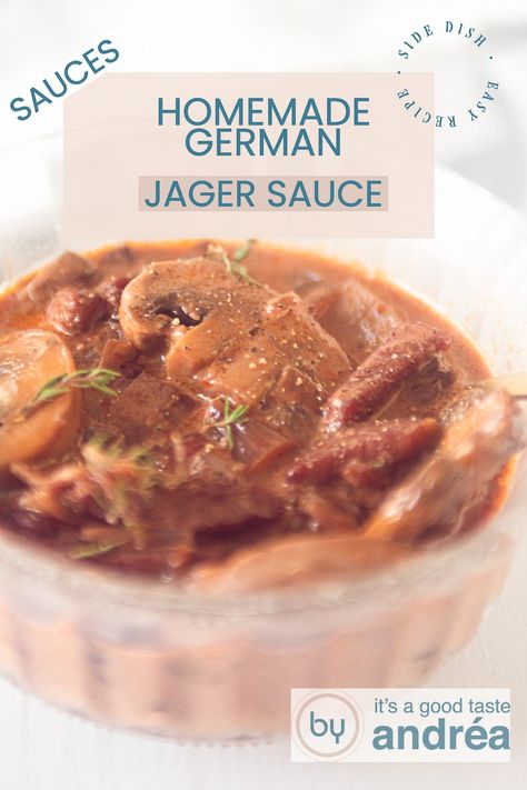 You want to serve this delicious German Jager sauce with everything. With schnitzel, chicken, or meatballs, your favorite piece of meat will be much tastier! A delightful, spicy yet soft sauce: a homemade hunter sauce is easy and SO delicious. With this simple recipe, which feels luxurious, with bacon, red wine, and mushrooms, you will serve again and again. Jager Sauce Recipe, Hunter Sauce Recipe, Hunter Sauce, Schnitzel Chicken, Dish Recipes Easy, Whiskey Sauce, Red Wine Recipe, Schnitzel Recipes, German Cooking