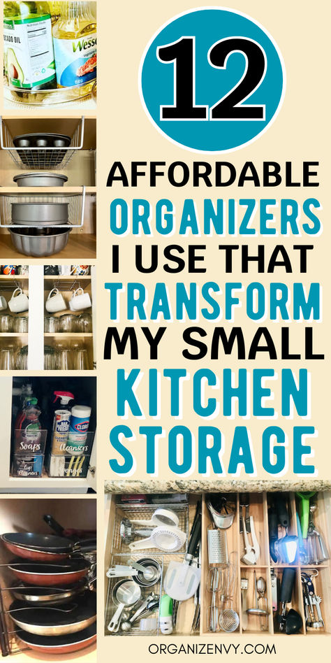 Collage of photos showing kitchen organizers in kitchen cabinets and drawers. Kitchen Pot Organization Ideas, Organization Ideas For The Home Kitchen Cabinets Small Spaces, Kitchen Organizers Cabinets, Kitchen Cabinet Organizers Ideas, Pot Pan Storage Ideas, Storage Ideas For Pots And Pans, Organization Ideas For Cabinets, Small Kitchen Drawer Organization Ideas, Kitchen Cabinet And Drawer Organization