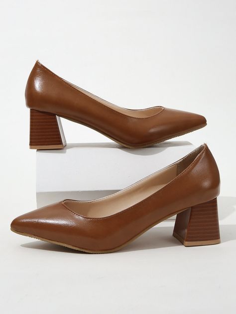 Women Minimalist Pumps, Point Toe Chunky Heeled Elegant Court Pumps Brown Chunky Heels, Pumps, Heels