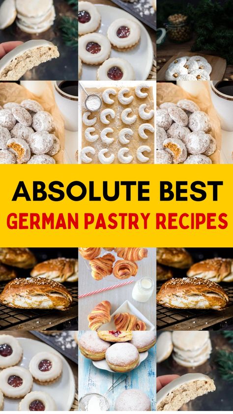 "Various German pastries including crescent cookies, jam-filled cookies, and sugar-dusted pastries." Traditional German Cookie Recipes, German Pastries Recipes, German Holiday Recipes, German Pastry Recipes, German Strudel Recipes, German Baked Goods, Authentic Recipes From Around The World, German Cookies Traditional, German Desserts Authentic