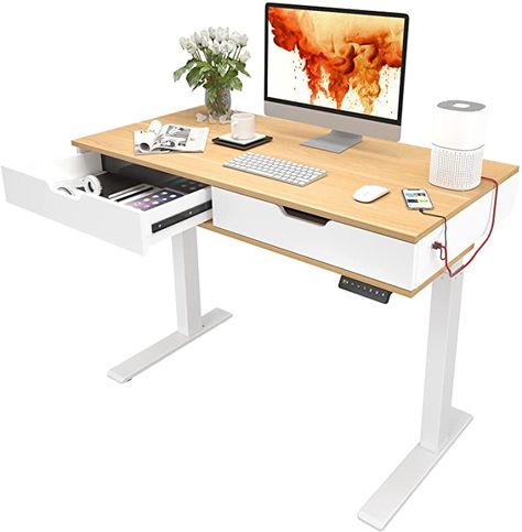 Small Office With Standing Desk, Small Home Office With Adjustable Desk, Rising Desk Home Office, Standing Desk Storage Ideas, Standup Desk Home Office Ideas, Standing Desk Office Ideas, Electric Desk Home Office, Standing Desk With Drawers, Sit Stand Desk Setup