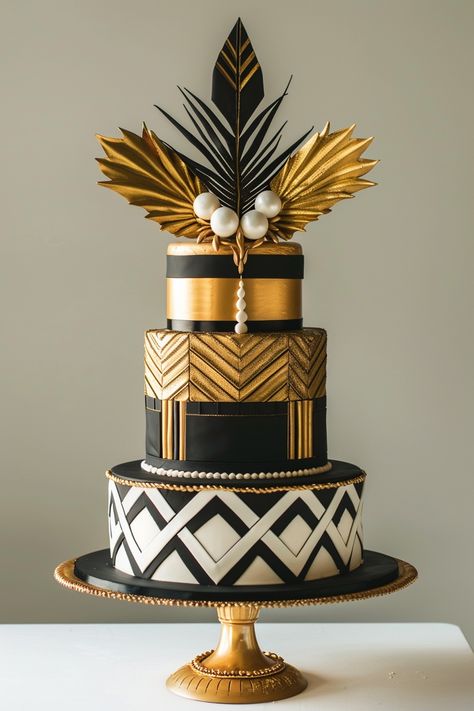 Gatsby Glam: Luxurious 1920s Style Birthday Cake Great Gatsby Cake For Men, Art Deco Cake Birthday, Roaring 20s Cake, Glam Birthday Cake, 1920s Luxury, Great Gatsby Cake, Birthday Cake For Women Elegant, Gatsby Cake, Gatsby Glam