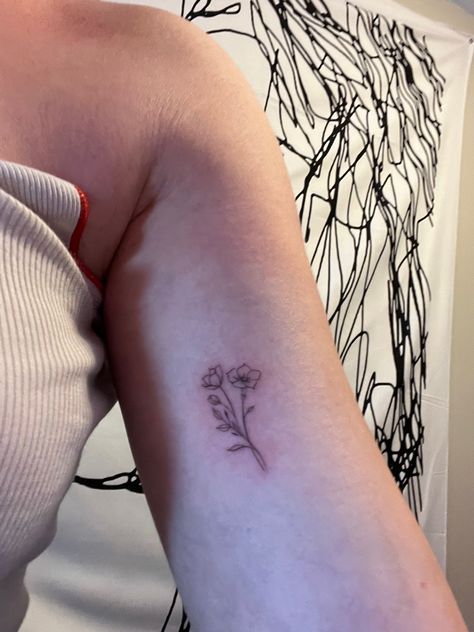 Symbolic Tattoos For Moms, The Morning Glory Flower Tattoo, Mini Violet Tattoo, Mini Bouquet Flowers Tattoo, Where To Get Flower Tattoos, Asters And Morning Glory Tattoo, Dainty Fine Line Flower Tattoos, Birth Follower Tattoo, Two Flower Bouquet Tattoo