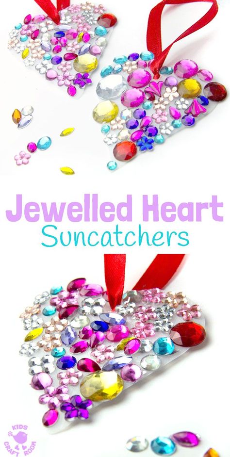 JEWELLED HEART SUNCATCHERS are so pretty! This is an easy recycled craft for kids and they make lovely gifts too. A great kids craft for Valentine's Day, Mother's Day and Summer. Heart Suncatchers, Easy Recycled Crafts, Recycling For Kids, Valentines Bricolage, Recycled Crafts Kids, Kids Craft Room, Valentine's Day Crafts For Kids, Preschool Valentines, Valentine Crafts For Kids