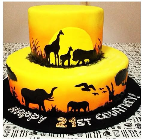 Silhouette Cakes, Sunset Cake, Africa Cake, African Cake, Lion King Cake, Airbrush Cake, Jungle Theme Cakes, 25th Bday, Giraffe Cakes