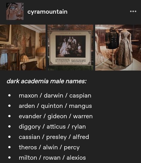 Dark Academia Male Names, Academia Names, Dark Academia Names, Anime Rooms, Fantasy Character Names, Writing Inspiration Tips, Writing Plot, Best Character Names, Fantasy Names