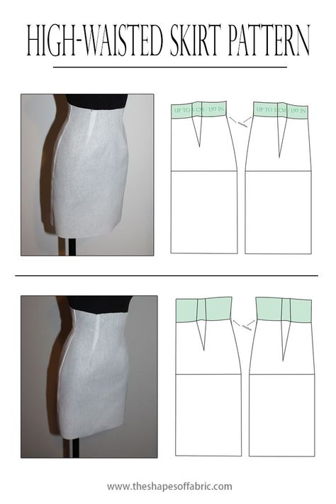 How to make a pattern for a high-waisted skirt. Learn more simple skirt pattern alterations at the link. #patternmaking High Waist Pencil Skirt Pattern, High West Skirt, Diy High Waisted Skirt, High Waisted Dress Pattern, Pencil Skirt Pattern Sewing, High Waisted Skirt Pattern, Skirt Pattern Making, Fitted Skirt Pattern, Simple Skirt Pattern