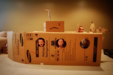 Well, it's actually brown, but they are pretty much living in it!  Refrigerator box = fun! Submerged Vbs Decorations, Deep Sea Discovery Vbs, Ocean Commotion Vbs, Submarine Craft, Submerged Vbs, Ocean Vbs, Ocean Commotion, Ocean Theme Decorations, Lifeway Vbs