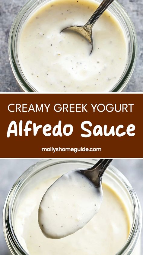 Indulge in a creamy and flavorful pasta dish with this homemade Greek yogurt Alfredo sauce recipe. Made with simple ingredients, this healthier version of Alfredo sauce is rich, tangy, and oh-so-satisfying. The Greek yogurt adds a delicious tanginess while keeping the sauce light and velvety. Whether you pour it over fettuccine, use it as a dip for veggies, or mix it into casseroles, this versatile sauce is sure to become a family favorite. Yogurt Sauce For Potatoes, Alfredo Sauce With Greek Yogurt, Pasta With Greek Yogurt Sauce, Pasta With Yogurt Sauce, Greek Yogurt Sauce Recipes, Greek Yogurt Cream Sauce, Yogurt Pasta Sauce, Yogurt Alfredo Sauce, Greek Yogurt Pasta Sauce