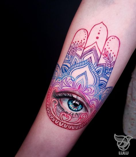 Color Hamsa Tattoo, Colorful Hamsa Tattoo, Colored Hamsa Tattoo, Evil Eye Tattoo Color, Third Eye Tattoo Ideas, Hamsa Tattoo Design, Tattoo Party, Hamsa Hand Tattoo, Third Eye Tattoos