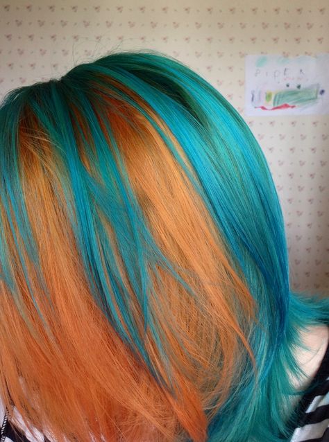 Ginger Blue Hair, Bright Long Hair, Blue And Orange Hair Color, Orange And Blue Hair Ideas, Warm Blue Hair, Ginger And Turquoise Hair, Blue And Ginger Hair, Ginger And Teal Hair, Orange And Teal Hair