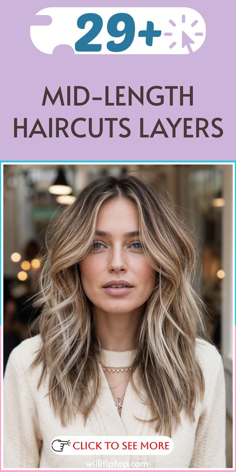 Enhance your hair game with our fabulous mid-length haircuts that incorporate layers for added dimension and style. Layers work wonders by bringing texture, volume, and movement to your locks, resulting in a chic and dynamic appearance. Our skilled stylists can tailor the layers to suit your preference - from subtle layers for a delicate touch to dramatic ones for extra depth. Embrace the versatility of layered cuts and breathe new life into your mid-length hair with a touch of modern elegance. Medium Length Haircut With Round Layers, Just Passed Shoulder Length Hair, Hair Medium Long Length, Mid Arm Length Hair, Medium Length Haircut Beach Waves, Medium Length Layers With Face Frame, Women’s Haircut Medium Length, Long Length Haircut Side Part, Medium Length Hair With Extensions