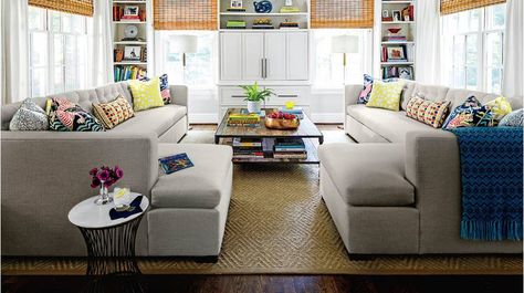 Symmetrical Couches Living Room Couches Facing Each Other, Southern Living Decor, Southern Decorating, Travel Room Decor, Room Decor Tips, Living Room Decor Tips, Grey Sectional Sofa, Apartment Storage, Living Room Furniture Layout