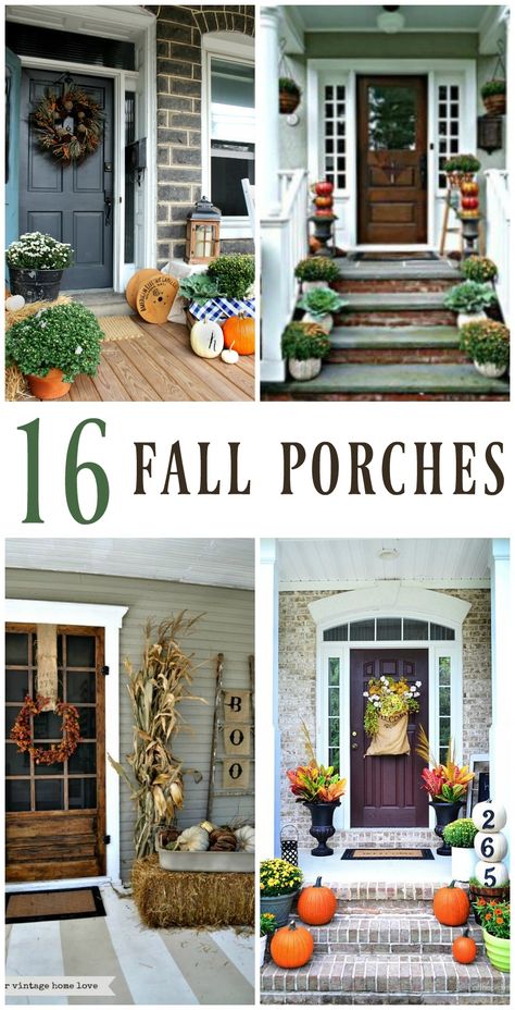 Prepare to be inspired with 16 pictures of fall porch decorating ideas! Mums, pumpkins, hay bales, corn stalks, and more! Stoop Decor, Fall Front Porch Ideas, Small Porch, Front Stoop, Porch Decorating Ideas, Fall Front Porch Decor, Decorating Diy, Primitive Fall, Fall Deco