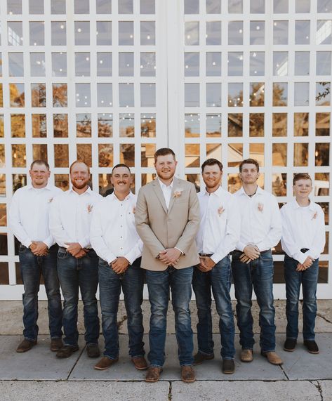 I’m takin’ your last name, cowboy⚡️ #caitlynwellsphoto #westernwedding #westernweddingphotographer #westernphotographer #westernphotography #westernengagement #westernbride #westernweddingmagazine #cowgirlmagazine #rockymtnbride #montanabride #utahweddingphotographer #utahweddings #northernutahphotographer #utahphotographer Groomsmen Jeans And White Shirt, Groomsmen Attire Blue Jeans, Blue Jean Wedding Men Groom Attire, Groom Jeans, Groomsmen Jeans, Blue Jean Wedding, Groom In Jeans, Navy Blue Groomsmen, Montana Bride