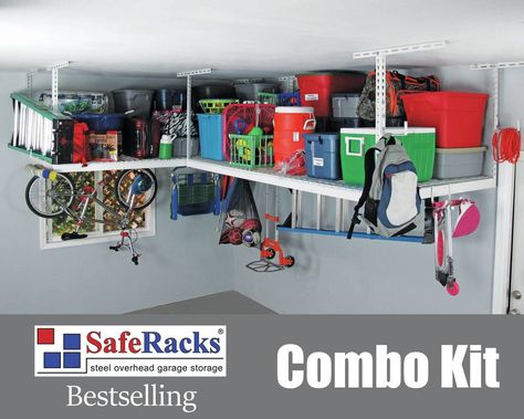 SafeRacks Overhead Garage Storage Combo Kit, Two 4 ft. x 8 ft. Racks, 18-piece Deluxe Hook Accessory Pack Truck Update, Garage Redo, Garage Storage Rack, Easy Garage Storage, Ceiling Storage Rack, Bulletproof Clothing, Garage Ceiling Storage, Organizing Stuff, Garage Organisation