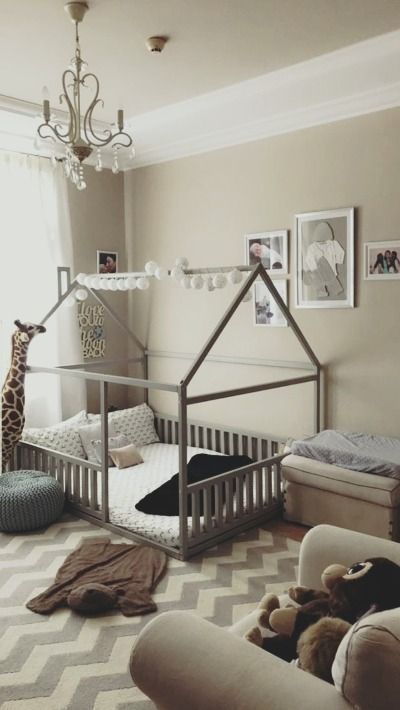 Full size or Queen size platform bed or wooden house bed, children bed, Montessori bed, Floor bed, Grey Montessori bed Diy Toddler Bed, Bed Children, Nursery Safari, Children Bed, Toddler Floor Bed, Toddler Girl Room, Queen Size Platform Bed, Bed Design Modern, Toddler Rooms