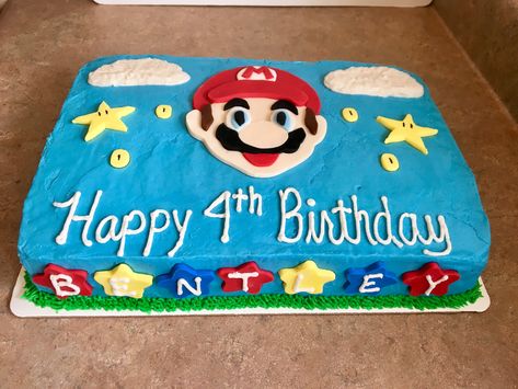 Super Mario Birthday Cake - White 1/4 sheet cake with buttercream frosting and fondant decoration Mario Sheet Cake Ideas, Super Mario Sheet Cake, Mario Sheet Cake, Mario Birthday Cake No Fondant, Square Mario Cake, Mario Birthday Party Cake Buttercream, Super Mario Birthday Cake Buttercream, Super Mario Cake One Tier, Super Mario Birthday Cake