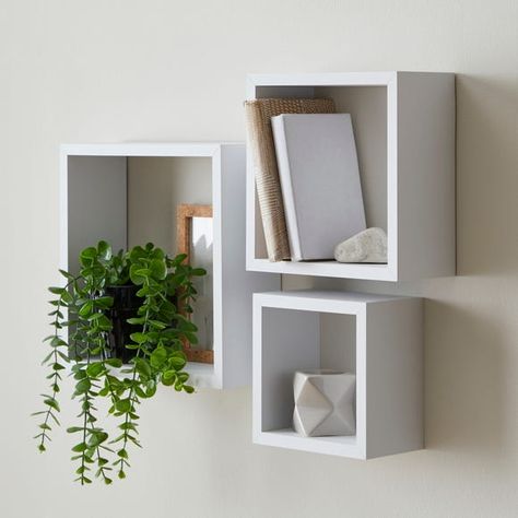 Wall Shelf Arrangement, White Cube Shelves, Floating Cube Shelves, Square Floating Shelves, Cube Wall Shelf, Cube Shelving, Etagere Cube, Shelf Arrangement, Wall Cubes