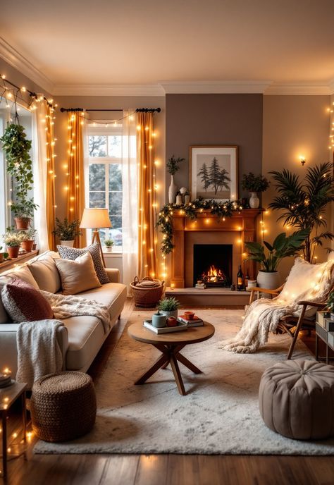 Cozy Lighting Living Room Hygge Living Room Lighting, Living Room With Fairy Lights, Decorating With Fairy Lights Living Room, Living Room Twinkle Lights, Cozy Living Room Lighting Ideas, Living Room String Lights Ideas, String Lights In Living Room, Living Room Fairy Lights Ideas, Twinkle Lights Living Room